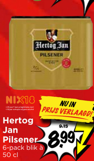 hertog jan blikjes bier 6 18 25 50 nix18 jaar legitimatie alcohol pilsener verlaagd pack blik folder aanbieding bij Vomar Hertog Jan blikje bier folder aanbieding bij Vomar - details
