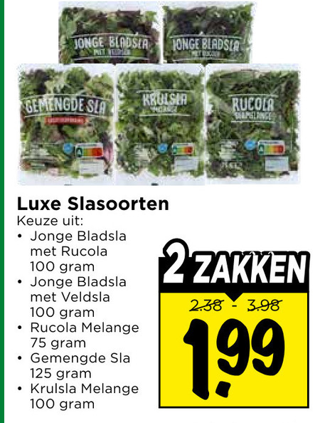 sla rucola 2 100 jonge gemengde luxe slasoorten bladsla veldsla melange krulsla zakken folder aanbieding bij Vomar