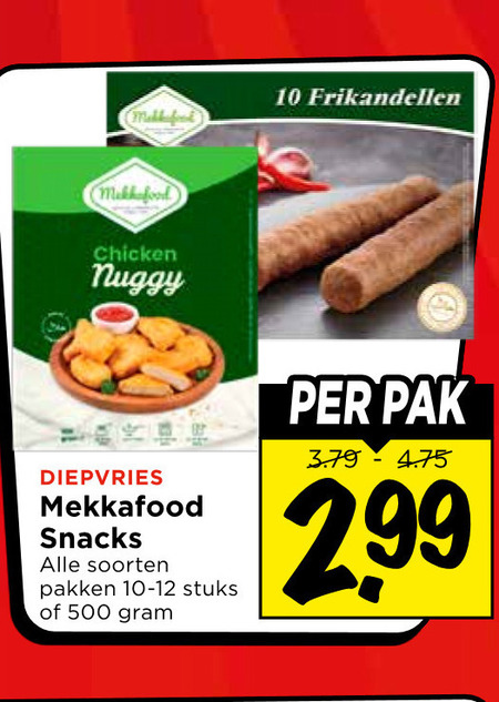 mekkafood frikandellen 10 500 chicken nuggy diepvries snacks soorten pakken stuks pak folder aanbieding bij Vomar Mekkafood frikandellen folder aanbieding bij Vomar - details