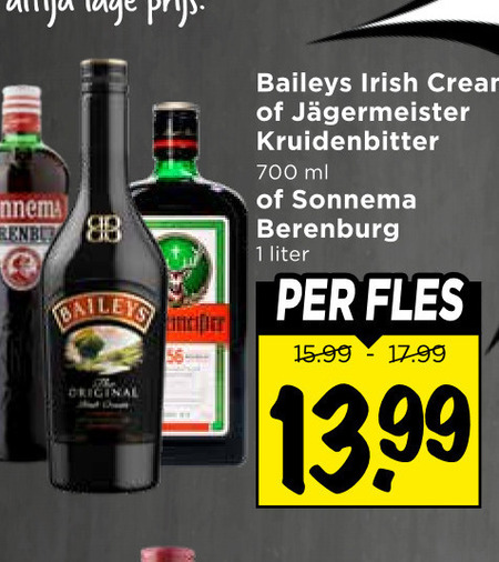 baileys jagermeister sonnema likeur kruidenbitter berenburg 1 700 lage original irish cream ml liter fles folder aanbieding bij Vomar Jagermeister berenburg, kruidenbitter folder aanbieding bij Vomar - details