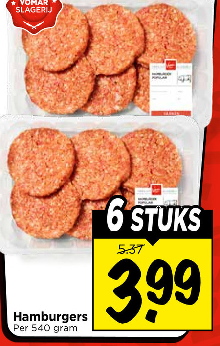 hamburgers 6 slagerij varken stuks 3.99 folder aanbieding bij Vomar