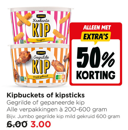 kipspiesjes 50 600 jumbo krokante kip vingers gegrilde mild gekruid nutri score kipsticks gepaneerde folder aanbieding bij Jumbo