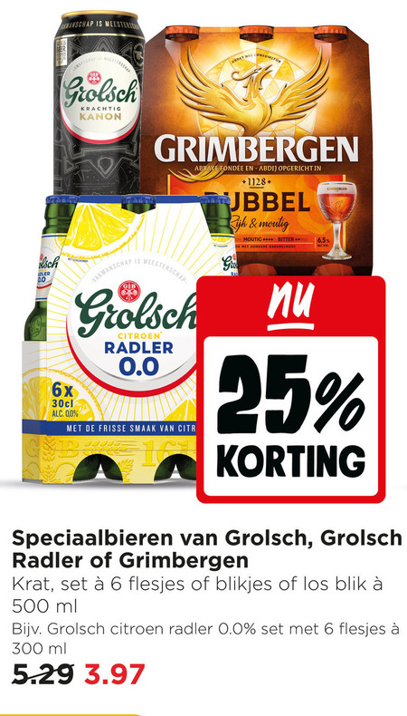 grimbergen grolsch speciaalbieren 6 25 300 500 meester kanon abbaye opgericht 1128 moutig bitter donkere karamelmout 0.0 6x meesterschap citroen radler frisse krat blikjes blik ml folder aanbieding bij Jumbo Grimbergen speciaalbier folder aanbieding bij Jumbo - details