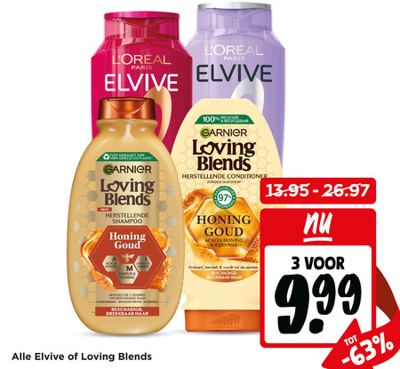 elvive garnier loving blends conditioner shampoo 3 100 paris fles gemaakt gerecycled plastic honing goud acacia manuka lavendel herstelt tekenen haar gespleten punten haarbreuk breekbaar recycled recyclebaar siliconen bijenwas ontwart folder aanbieding bij Jumbo Garnier Loving Blends conditioner, shampoo folder aanbieding bij Jumbo - details