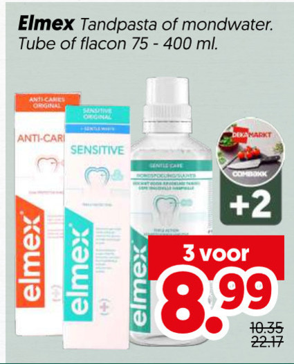 elmex tandpasta mondwater 3 400 tube flacon ml anti original cari sensitive gentle care 2 folder aanbieding bij Dekamarkt Elmex mondwater, tandpasta folder aanbieding bij Dekamarkt - details