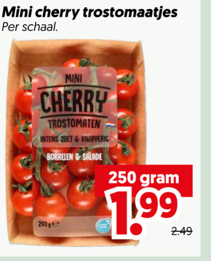 cherry tomaten 250 mini trostomaatjes schaal trostomaten zoet borrelen salade folder aanbieding bij Dekamarkt