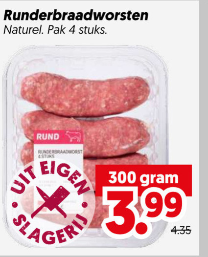 runderbraadworst 4 300 runderbraadworsten naturel pak stuks rund 4stuks 3.99 folder aanbieding bij Dekamarkt