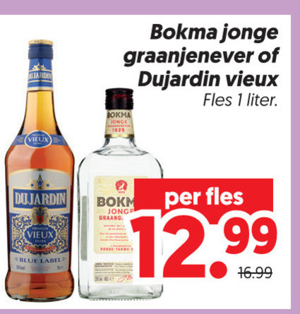 dujardin bokma jenever vieux 1 jonge graanjenever fles liter blue label rogge folder aanbieding bij Dekamarkt Dujardin vieux, jenever folder aanbieding bij Dekamarkt - details