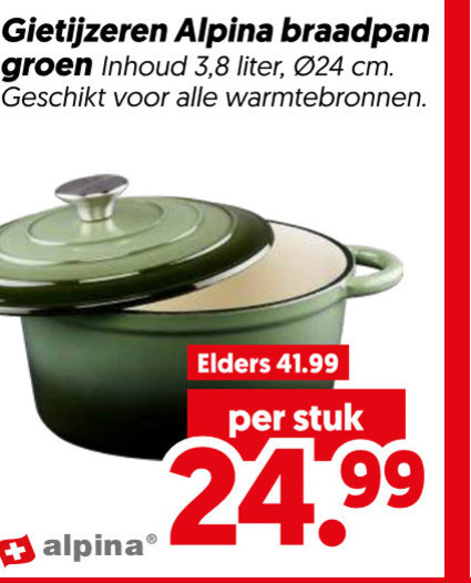 alpina braadpan gietijzeren groen inhoud 3 8 liter cm warmtebronnen elders stuk 24 99 folder aanbieding bij Dekamarkt Alpina braadpan folder aanbieding bij Dekamarkt - details