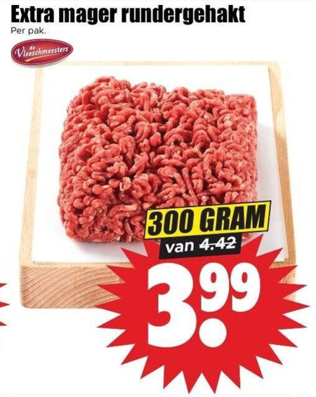rundergehakt 300 pak vleeschmeesters 3.99 folder aanbieding bij Dirk
