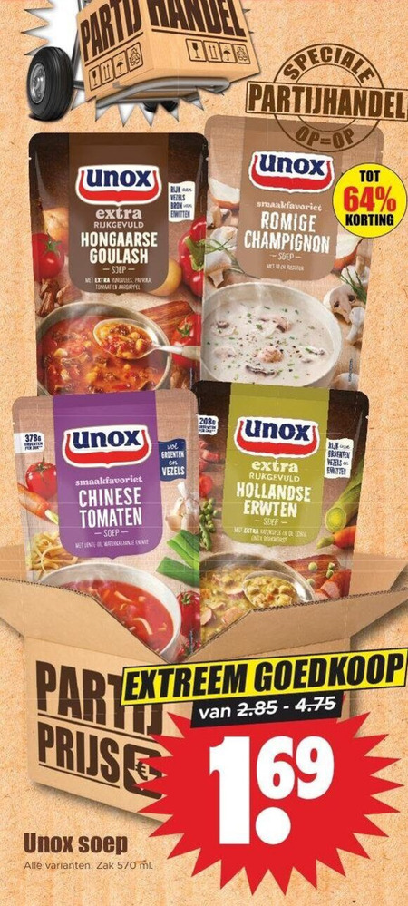 unox soep 64 party rijkgevuld hongaarse goulash rundvlees paprika tomaat aardappel ruk vezels eiwitten romige champignon re chinese tomaten lente mie groenten muse hollandse erwten zak ml 1 69 folder aanbieding bij Dirk Unox soep folder aanbieding bij Dirk - details