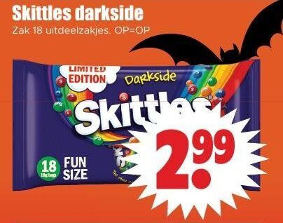 skittles snoep 18 darkside zak uitdeelzakjes limited edition fun size folder aanbieding bij Dirk Skittles snoep folder aanbieding bij Dirk - details