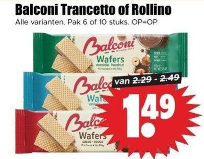balconi koeken 6 10 trancetto rollino pak stuks wafers hazelnut war cacao cocoa folder aanbieding bij Dirk Balconi koek folder aanbieding bij Dirk - details