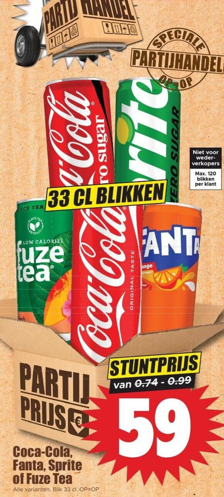 sprite coca-cola fuze tea fanta cola frisdrank ice 33 120 party flack blikken coca original taste sugar calories fant blik folder aanbieding bij Dirk Sprite ice tea, frisdrank folder aanbieding bij Dirk - details