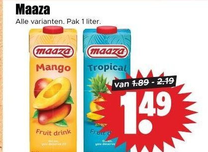 maaza fruitdrank 1 pak liter mango tropical fruit drink folder aanbieding bij Dirk Maaza fruitdrank folder aanbieding bij Dirk - details