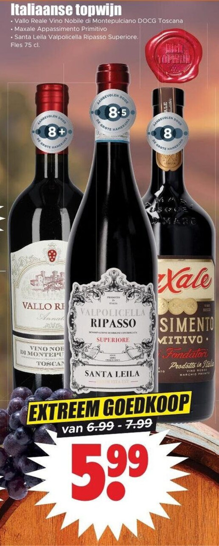 rode wijn 8 italiaanse topwijn reale vino nobile montepulciano toscana appassimento primitivo santa leila valpolicella ripasso fles hamersma italia mare re noe toscane prodotto origine vita rosso extreem folder aanbieding bij Dirk