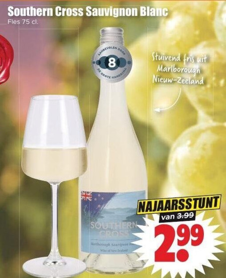 witte wijn 8 southern cross sauvignon blanc fles dood fris marlborough zeeland wine new 3.99 folder aanbieding bij Dirk