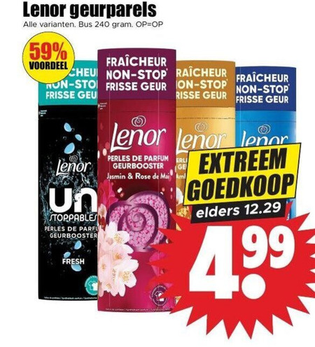 lenor wasverzachter 240 geurparels bus voordeel stop frisse geur stoppables perles geurbooster fresh extreem parfum jasmin rose ge elders folder aanbieding bij Dirk Lenor wasverzachter folder aanbieding bij Dirk - details