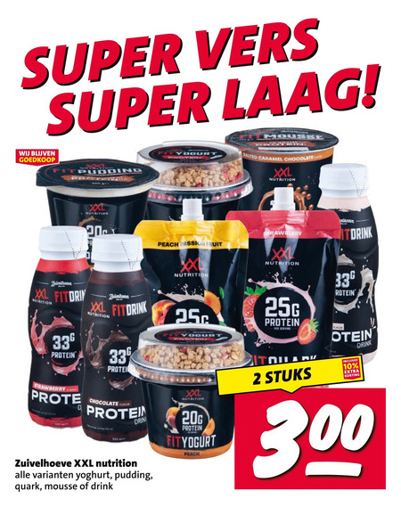 zuivelhoeve vruchtenyoghurt drinkyoghurt 2 10 20 25 30 33 300 super vers laag pudding xxl nutrition yoghurt mousse salted caramel chocolate peach passion fruit protein strawberry serving proteine flavor drink 330ml quark it stuks folder aanbieding bij Nettorama Zuivelhoeve drinkyoghurt, vruchtenyoghurt folder aanbieding bij Nettorama - details