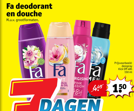 fa deodorant douchegel 150 douche grootformaten gentle skin sa oil with fragrance magnolia scent power cream pink protection aluminium salts deospray kick off ml dagen folder aanbieding bij Kruidvat Fa douchegel, deodorant folder aanbieding bij Kruidvat - details