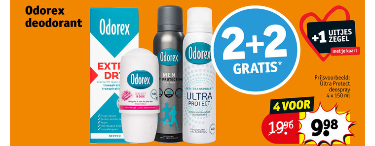 odorex deodorant 2 4 150 dr beschermt transpiratie sweet rose caring and soft for your skin limited edition anti transpirant men protection fast dry effect ultra protect overmatige 1 uitjes zegel kaart droge oksels alcohol meerdaagse hypoallergeen depper deospray ml folder aanbieding bij Kruidvat Odorex deodorant folder aanbieding bij Kruidvat - details