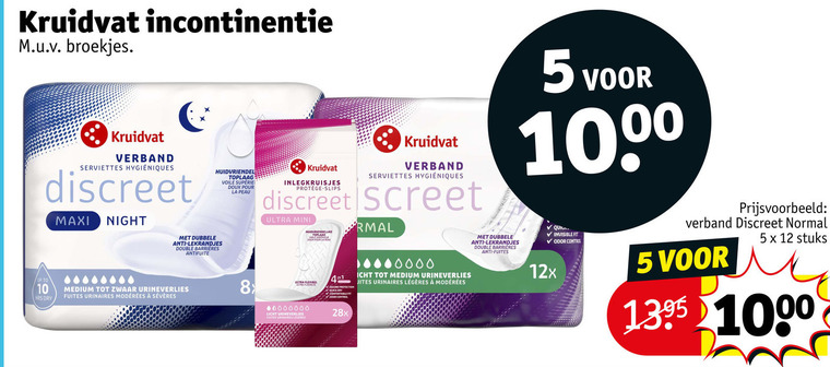 kruidvat huismerk incontinentieverband 5 8 10 12 1000 incontinentie broekjes verband serviettes discreet toplaag voile doux pour maxi night inlegkruisjes ultra mini up to dubbele anti double antifuite medium zwaar urineverlies dry fuites urinaires flexibel licht invisible fit odor control 12x normal stuks folder aanbieding bij Kruidvat Kruidvat Huismerk incontinentieverband folder aanbieding bij Kruidvat - details