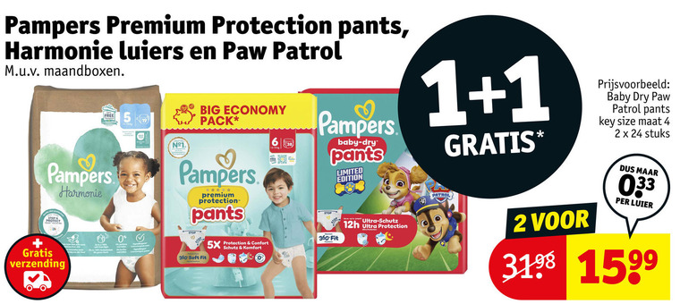 pampers luierbroekjes luiers 1 2 4 5 6 24 360 premium protection pants harmonie paw patrol maandboxen free big economy pack baby dry limited edition soft fit 5x comfort schutz komfort ultra size maat stuks protect verzending luier folder aanbieding bij Kruidvat Pampers luiers, luierbroekjes folder aanbieding bij Kruidvat - details