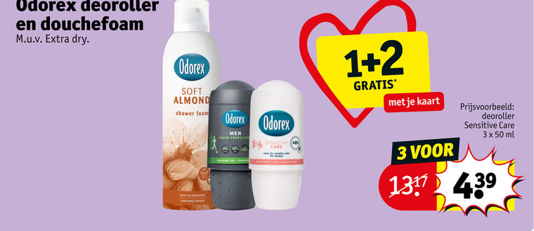 odorex douchegel deodorant 1 2 3 50 deoroller douchefoam dry soft almond shower foam zacht verzorgend men fresh protection anti transpiral sensitive cares care skin alcohol transpirant kaart ml folder aanbieding bij Kruidvat Odorex deodorant, douchegel folder aanbieding bij Kruidvat - details