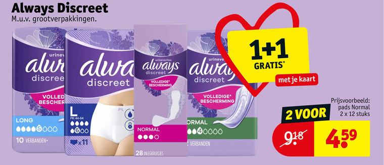 always inlegkruisjes 1 2 6 10 12 28 600 40000 discreet bescherming kaart volledig l 44-54 verbanden x11 normal pads stuks folder aanbieding bij Kruidvat Always inlegkruisjes folder aanbieding bij Kruidvat - details