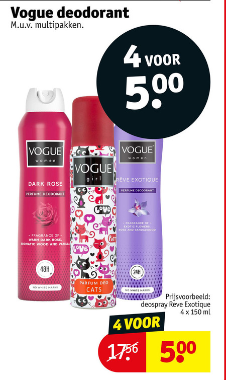 vogue deodorant 4 150 500 multipakken women girl dark rose exotique perfume fragrance warm aromatic wood and vanilla love pur exotic flowers sandalwood white marks parfum deo cats deospray reve ml folder aanbieding bij Kruidvat Vogue deodorant folder aanbieding bij Kruidvat - details