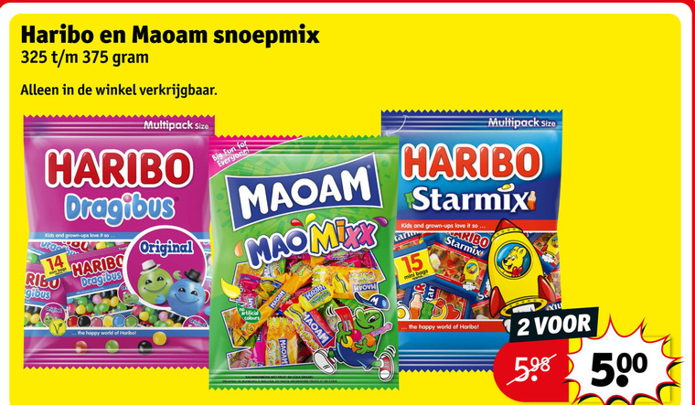 maoam haribo snoep 2 14 15 500 snoepmix multipack size dragibus kids and grown ups love it mini bags original creatieve big fun for starmix happy world artificial colours folder aanbieding bij Kruidvat Haribo snoep folder aanbieding bij Kruidvat - details