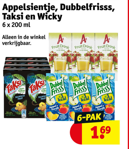 taksi dubbelfrisss appelsientje fruitdrank 1 6 40 100 200 wicky ml fruit drink vleugje zuivel suiker tropisch dubbel suikerpot frisss rijk vitamine appel perzik boord pak folder aanbieding bij Kruidvat Taksi fruitdrank folder aanbieding bij Kruidvat - details