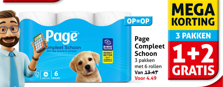 page toiletpapier 1 2 3 6 schoon vleugje katoen fsc rollen 3d wave textuur reinigt beter minder gebruiken pakken mega folder aanbieding bij Hoogvliet Page toiletpapier folder aanbieding bij Hoogvliet - details