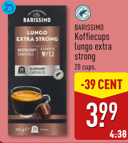 barissimo koffiecups 20 experts aluminium capsules coffee lungo strong nespresso sterkte compatible 9 12 ge nature cups cent folder aanbieding bij Aldi Barissimo koffiecups folder aanbieding bij Aldi - details