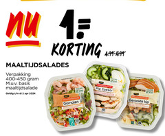  maaltijdsalade 1 2 65 basis maaltijdsalades gebruiken jumbo groente inname salade garnalen verantwoord pasta paprika komkommer rode ui kip caesar ei italiaanse kaas croutons yoghurt caesardressing gerookte appel honing mosterddressing beter leven 