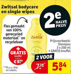  2 100 200 zwitsal bodycare single wipes fles gemaakt gerecycled materiaal recyclebaar knuffel t.w.v. 9 99 m.u.v dop labels halve shampoo ml 