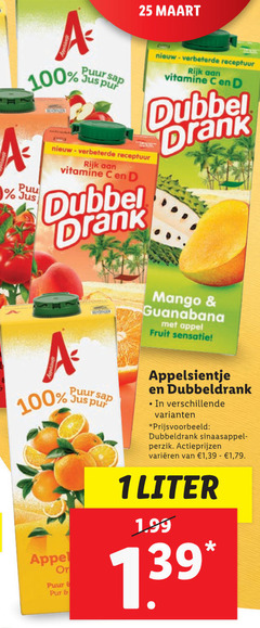  1 3 25 100 jus puur sap pur receptuur rijk vitamine dubbel drank mango guanabana appel fruit sensatie appelsientje dubbeldrank sinaasappel perzik varieeren liter 