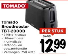  7 750 tomado broodrooster hitte niveaus uitneembare kruimellade ontdooi opwarmfunctie vermogen watt stuk 