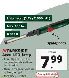  600 ion accu 3 lm parkside opklapbaar led lamp traploos instelbare lichtsterkte haakse magneetvoet ophangbeugel usb kabel stuk lidl.nl 