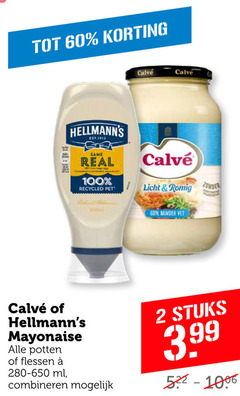  2 60 100 same calve real licht romig recycled pet minder vet mayonaise potten flessen ml combineren stuks 3.99 