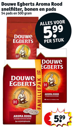  douwe egberts koffie koffiepads koffiebonen 500 aroma rood snelfilter bonen pads stuk meester joure koffiebranders evenwichtig rond snelfiltermaling 