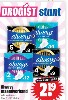  always maandverband 2 4 5 8 30 droge ultra secure night day pak stuks 