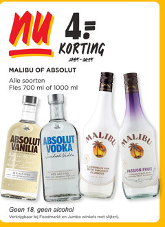  4 18 23 40 700 1000 malibu absolut soorten fles ml vanilia vodka vanilla villes sweden since dish water winter wheat finest imported produced bottled village swedish with caribbean rum coconut flavour passion fruit country alcohol jumbo winkels slijterij 