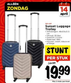  trolley 2 14 33 sunset luggage cm inhoud liter gewicht kilo materiaal kleuren zwart blauw beige stuk 19 99 stuks 