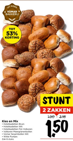  2 6 bakkerij mix hotelkadetten bruin wit fijn volkoren meergranenbollen sesambollen witte puntjes zak stuks zakken 