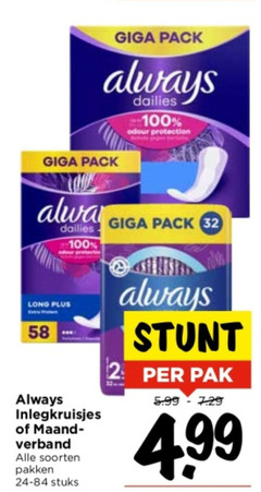  2 32 100 giga pack always dailies odour protection inlegkruisjes maand verband soorten pakken stuks pak 5.99 