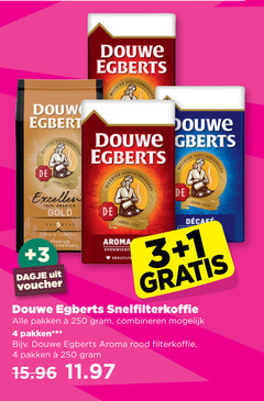  douwe egberts koffie 1 3 4 100 250 douw meester koffiebranders joure excellent arabica gold complex premium voucher aroma evenwicht snelfilterkoffie pakken combineren rood filterkoffie 