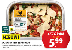  scharrelkip kipdijfilet carbonara stijl beter leven bescherming vers ovenschotel gemarineerde saus spekblokjes kaas 5.99 