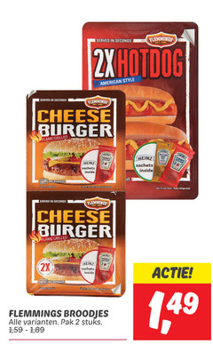  2 flemmings 2x hotdog american style cheese burger flame grilled microwave heinz sachets inside mustard tomato use by back serving suggestion broodjes pak stuks 1 