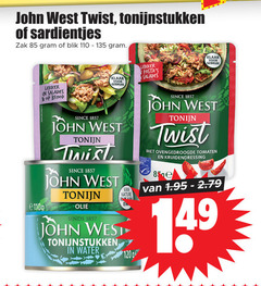  12 john west twist tonijnstukken sardientjes zak blik salades brood klaar gebruik e1100 since tonijn olie ovengedroogde tomaten kruidendressing nature water 